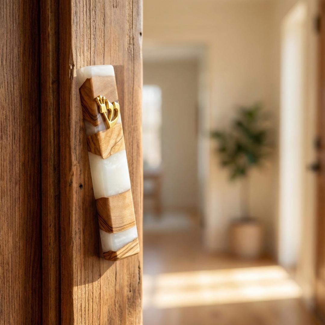 Handcrafted Olive Wood & White Resin Mezuzah – Modern Judaica