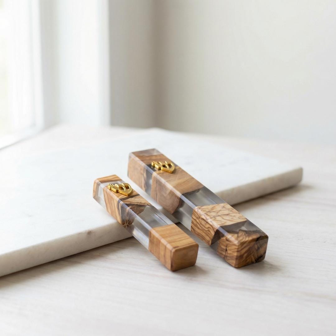 Handcrafted Olive Wood & White Resin Mezuzah – Modern Judaica