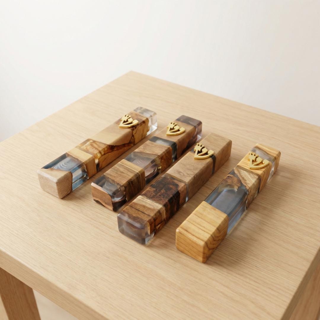 Handcrafted Olive Wood & White Resin Mezuzah – Modern Judaica