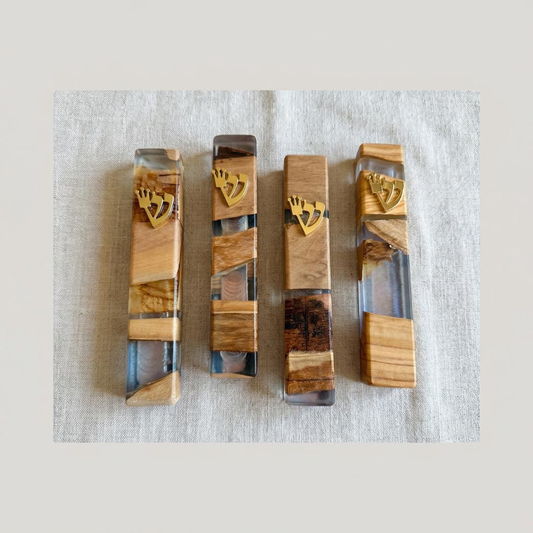 Handcrafted Olive Wood & White Resin Mezuzah – Modern Judaica