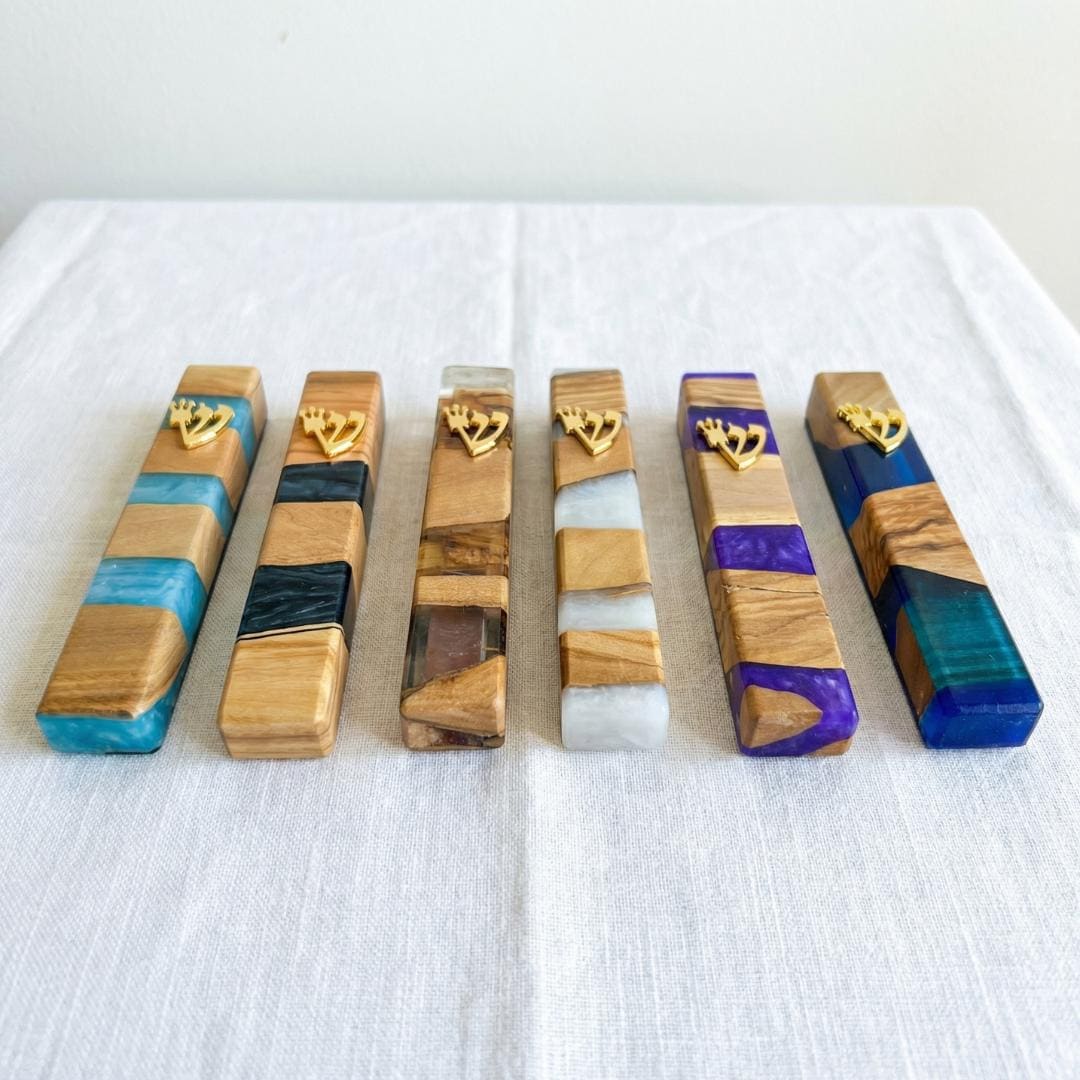 Handmade Olive Wood Mezuzah Modern Jewish Wedding Gift - 5.5" inch- Housewarming Blessing - No Nails Needed Adhesive Back