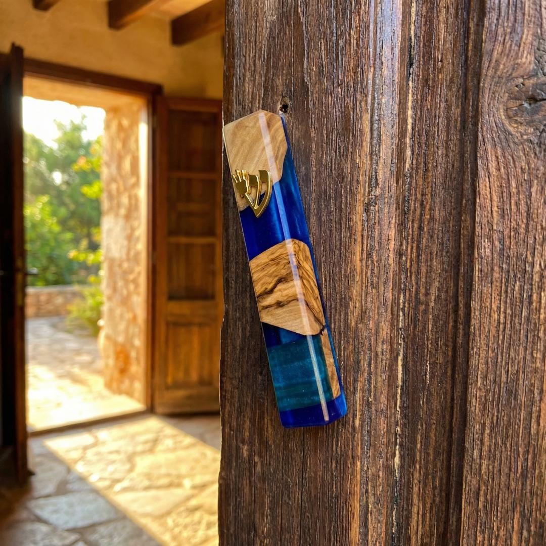 Handmade Olive Wood Mezuzah Modern Jewish Wedding Gift - 5.5" inch- Housewarming Blessing - No Nails Needed Adhesive Back