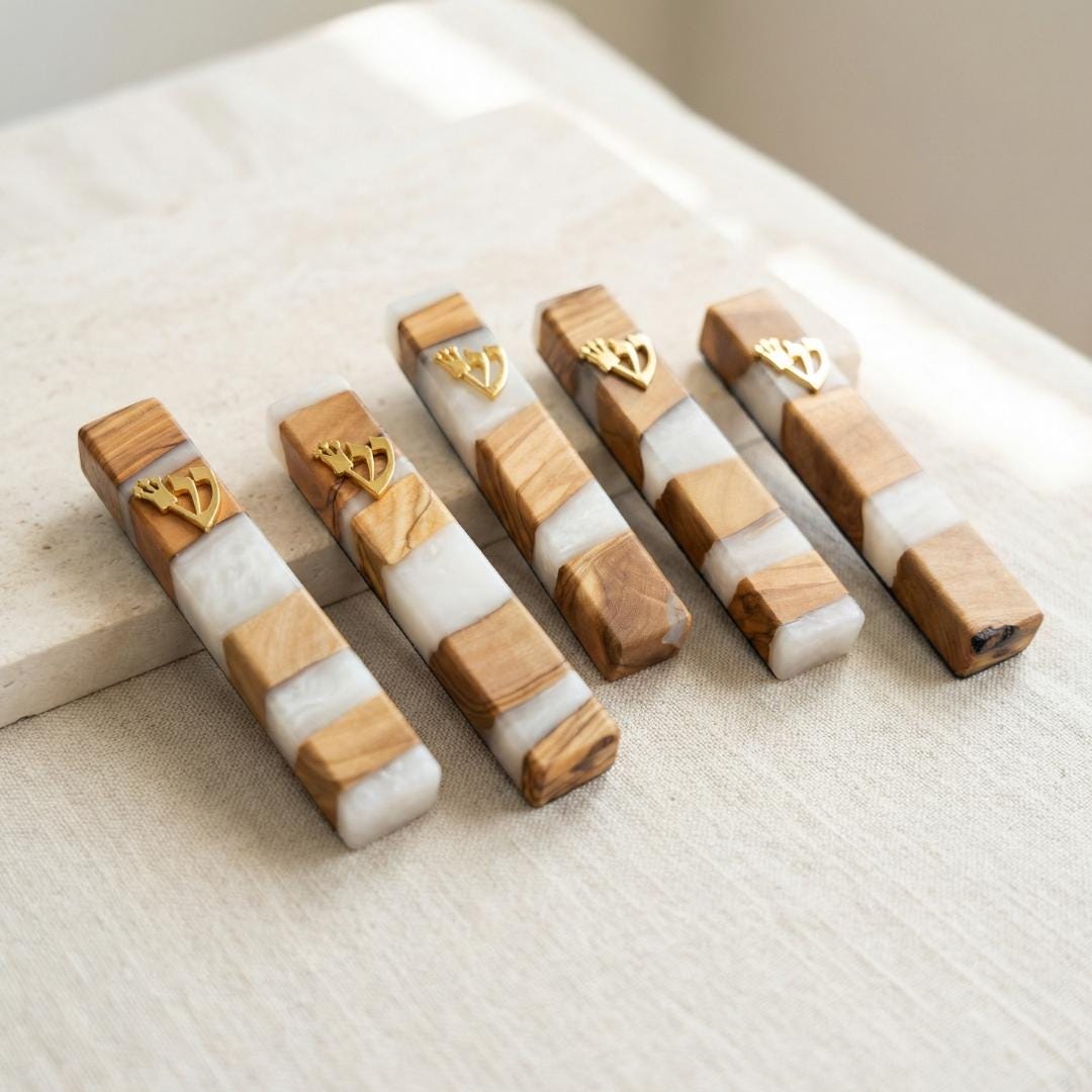 Handmade Olive Wood Mezuzah Modern Jewish Wedding Gift - 5.5" inch- Housewarming Blessing - No Nails Needed Adhesive Back