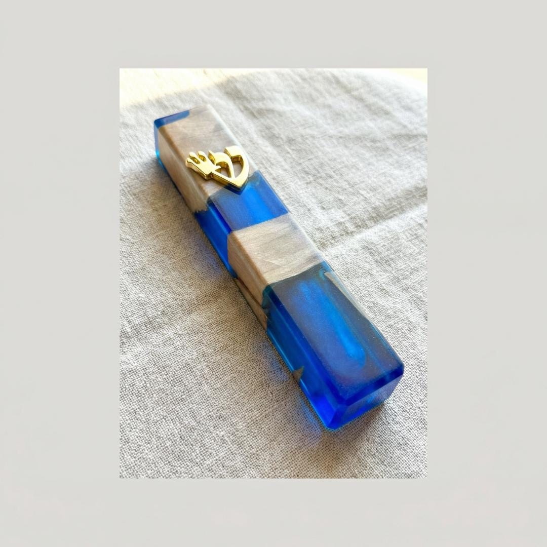 Handcrafted Olive Wood & Blue Resin Mezuzah – Modern Judaica