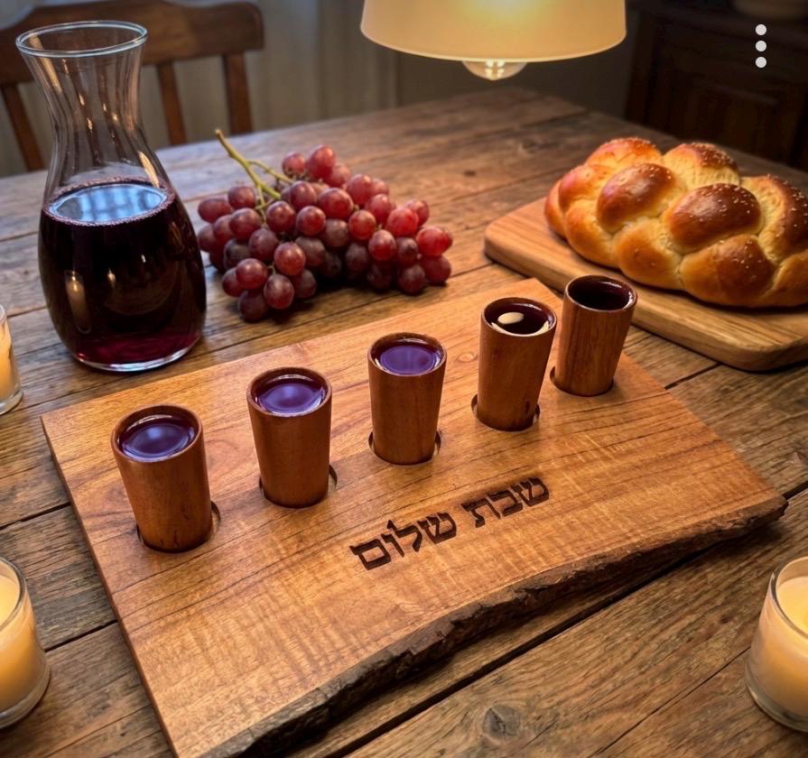abbat Shalom Acacia Wood Kiddush Cup Set | Wooden Shabbat Wine Cups | Live Edge Judaica Gift | Jewish Wedding Gift | Hebrew Engraved