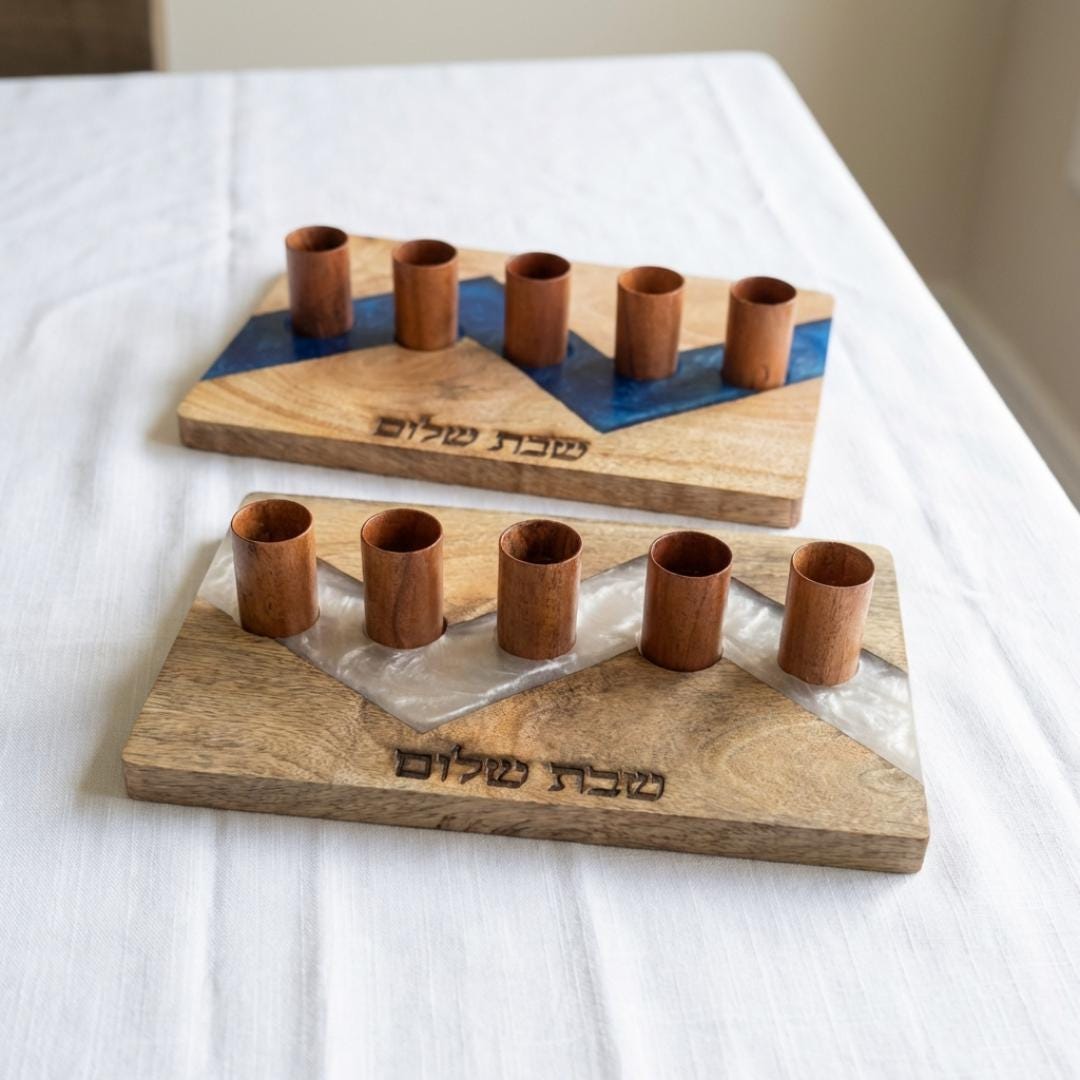 Acacia Wood Kiddush Cup Set |Shabbat Wine Cups, Hebrew Engraved