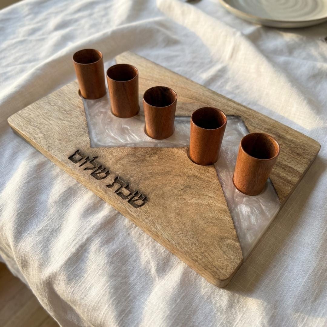Acacia Wood Kiddush Cup Set |Shabbat Wine Cups, Hebrew Engraved