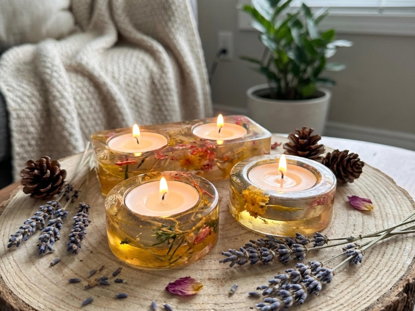 Handmade Resin Tea Light Holders with Real Flowers, Shabbat Candle Holders, Judaica Gift