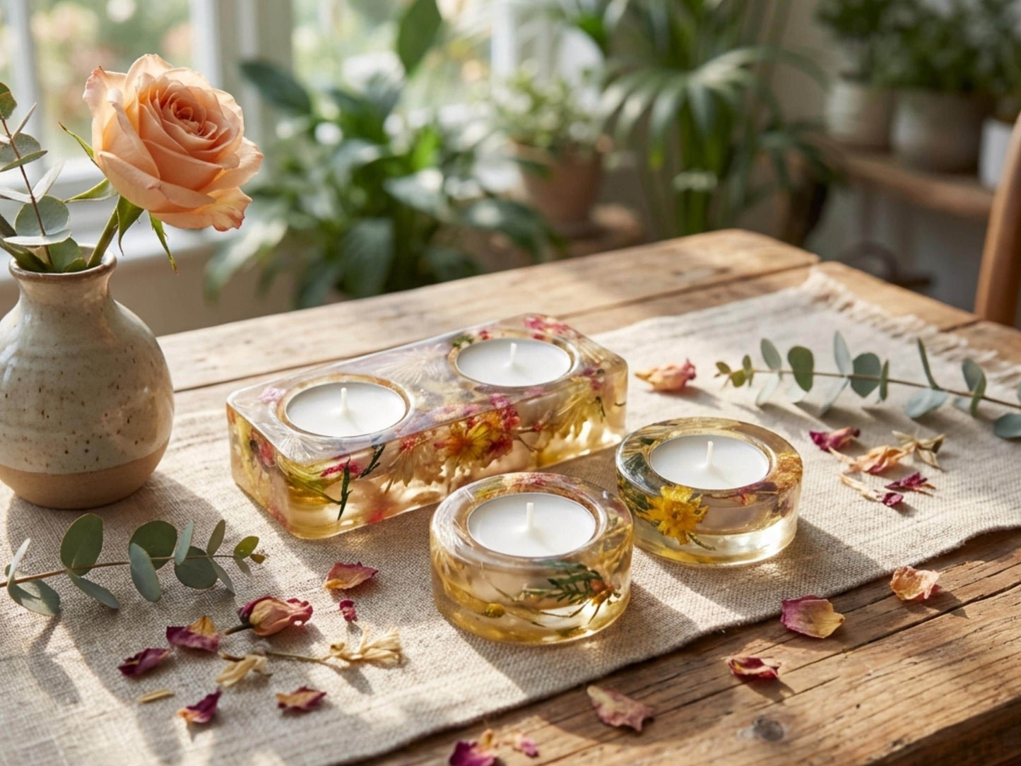 Handmade Resin Tea Light Holders with Real Flowers, Shabbat Candle Holders, Judaica Gift