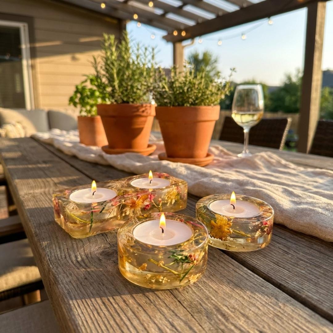 Handmade Resin Tea Light Holders with Real Flowers, Shabbat Candle Holders, Judaica Gift