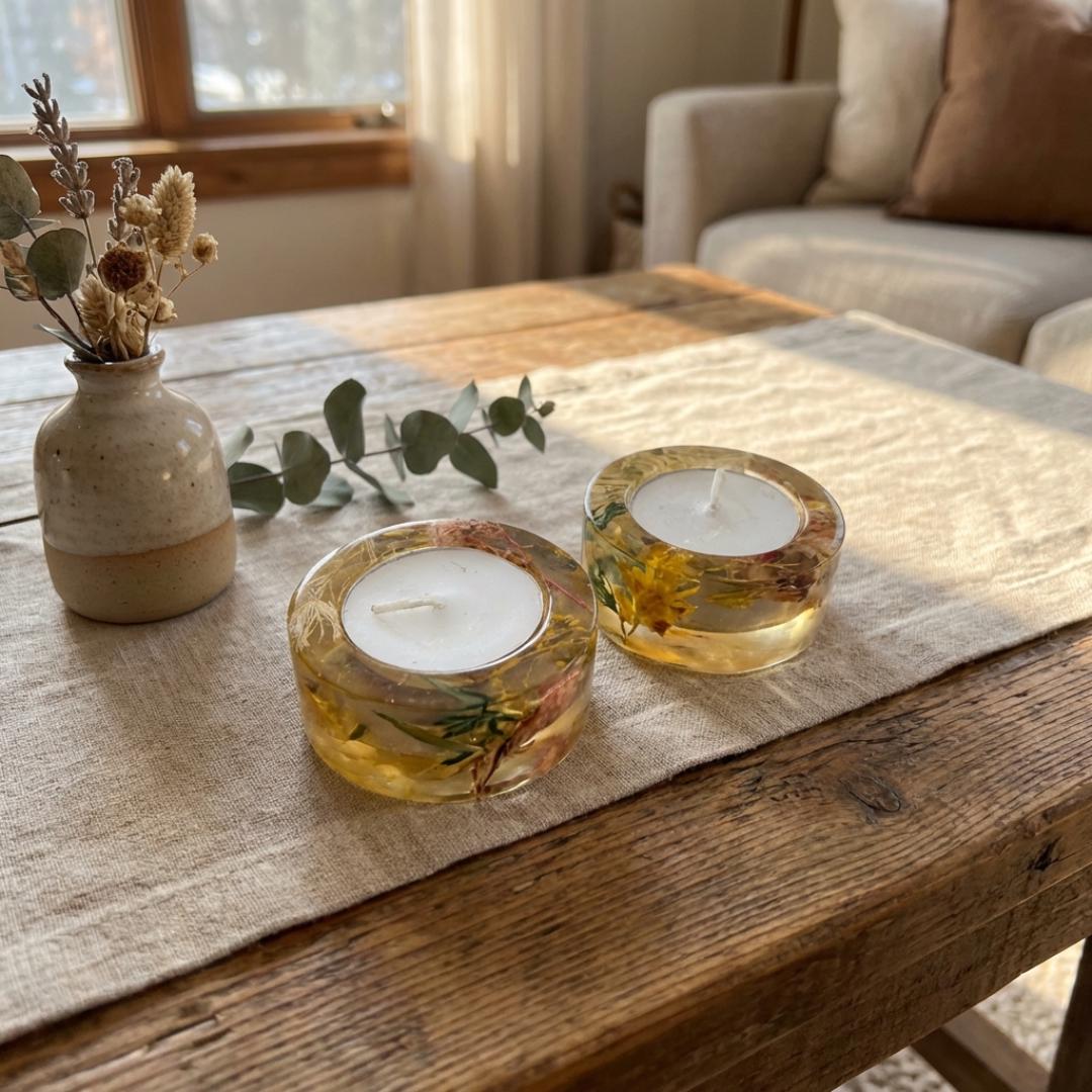 Handmade Resin Tea Light Holders with Real Flowers, Shabbat Candle Holders, Judaica Gift