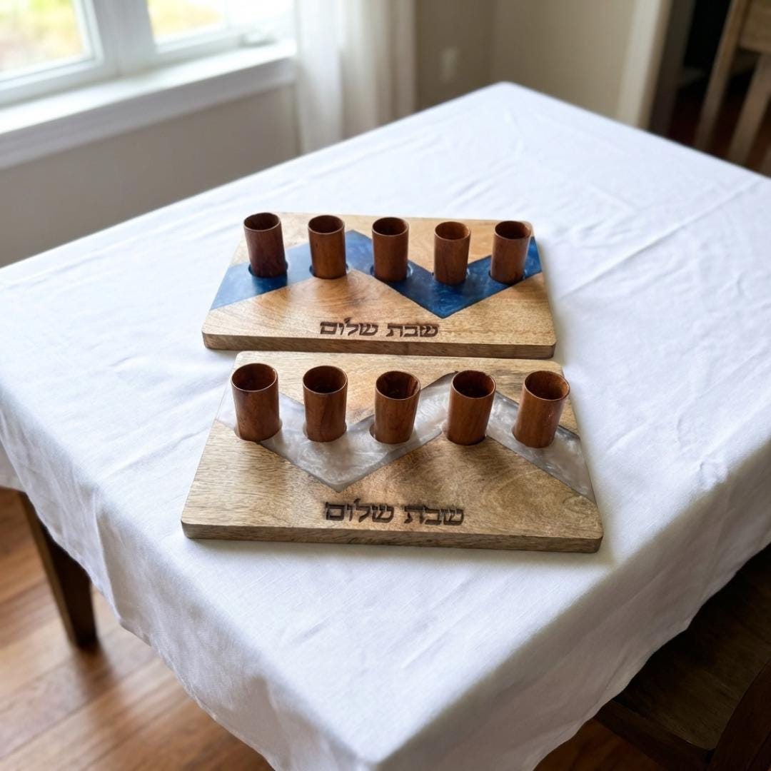 Acacia Wood Kiddush Cup Set |Shabbat Wine Cups, Hebrew Engraved