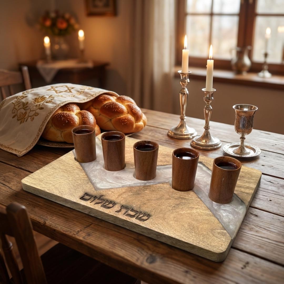 Acacia Wood Kiddush Cup Set |Shabbat Wine Cups, Hebrew Engraved