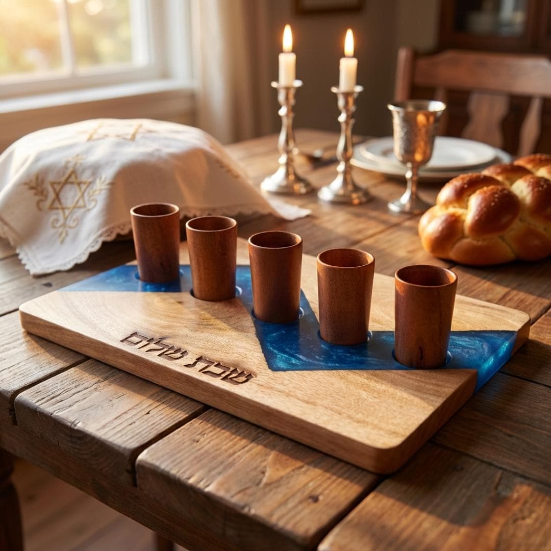 Acacia Wood Kiddush Cup Set |Shabbat Wine Cups, Hebrew Engraved