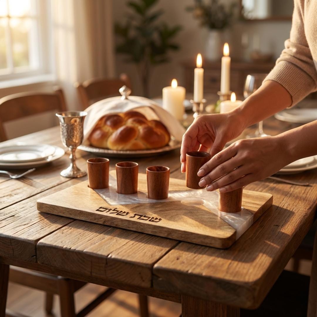 Acacia Wood Kiddush Cup Set |Shabbat Wine Cups, Hebrew Engraved