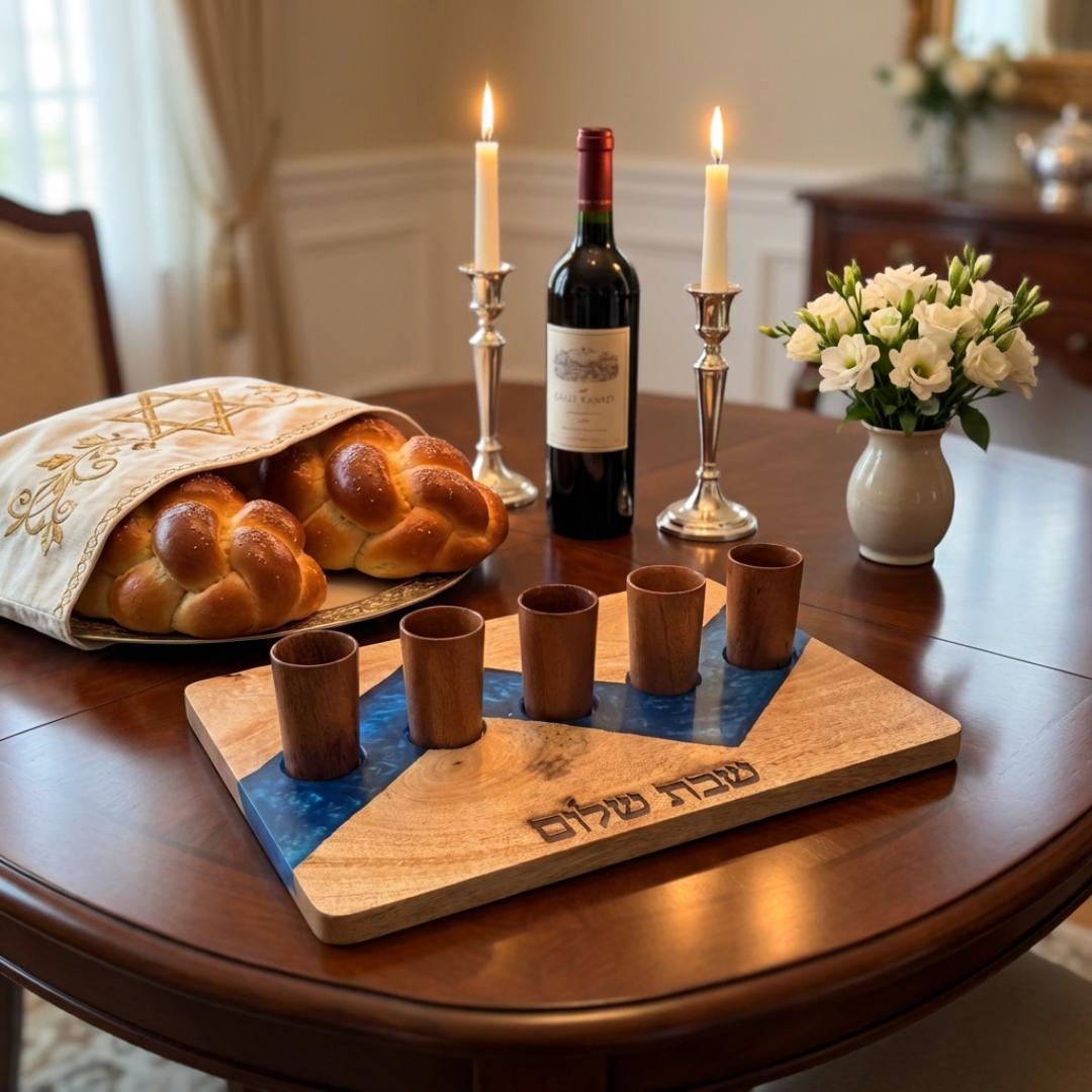 Acacia Wood Kiddush Cup Set |Shabbat Wine Cups, Hebrew Engraved