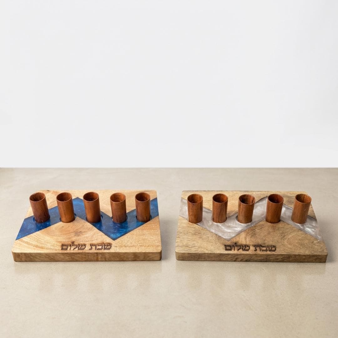 Acacia Wood Kiddush Cup Set |Shabbat Wine Cups, Hebrew Engraved