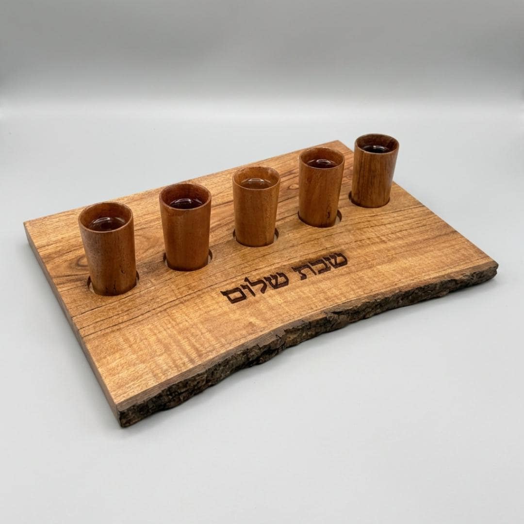 abbat Shalom Acacia Wood Kiddush Cup Set | Wooden Shabbat Wine Cups | Live Edge Judaica Gift | Jewish Wedding Gift | Hebrew Engraved