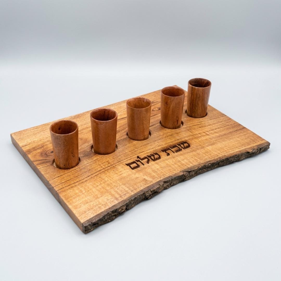 abbat Shalom Acacia Wood Kiddush Cup Set | Wooden Shabbat Wine Cups | Live Edge Judaica Gift | Jewish Wedding Gift | Hebrew Engraved