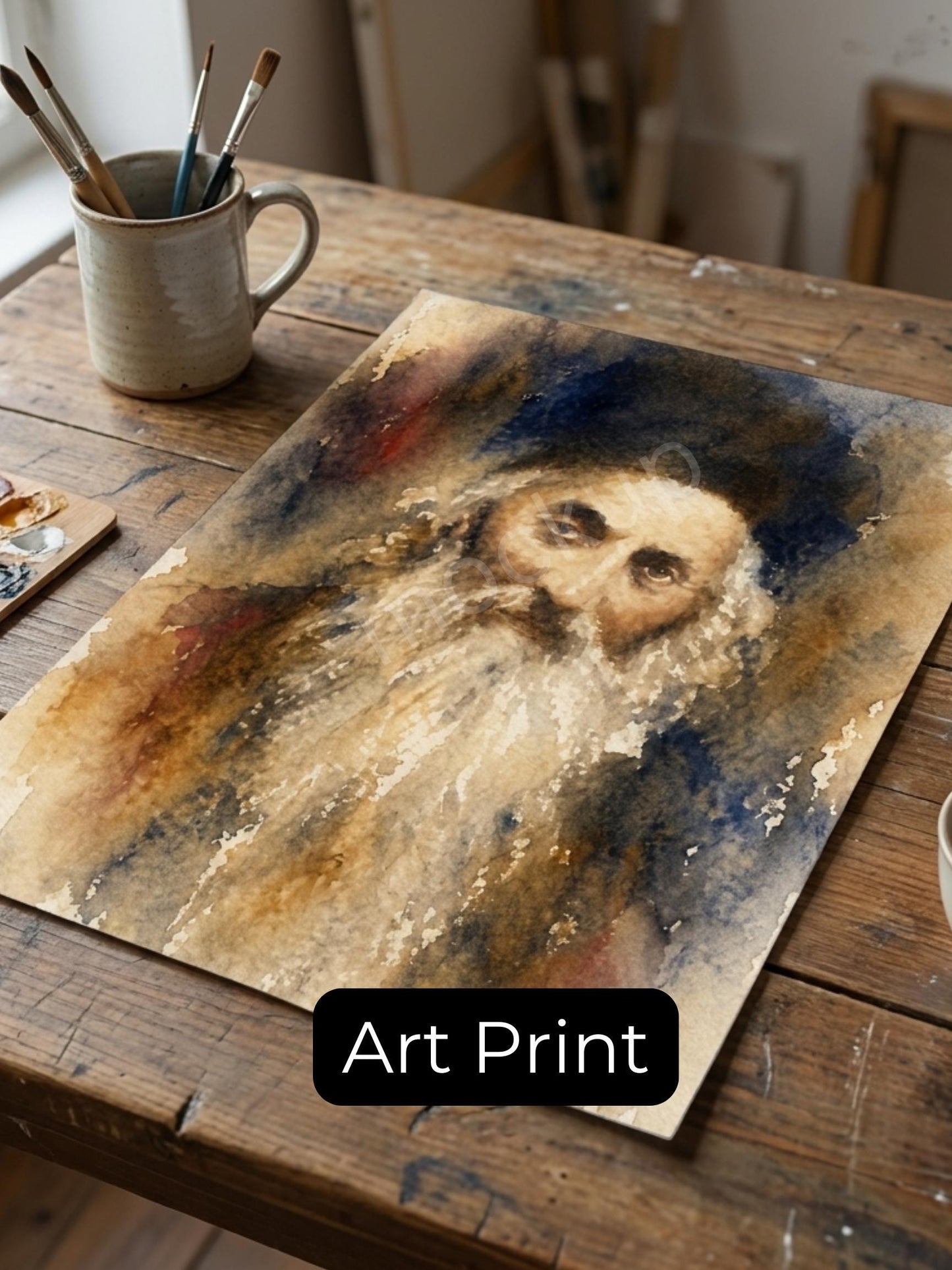 Baal Shem Tov Painting – Jewish Wall Art | Chassidic Rebbe Portrait | Spiritual Judaica Art