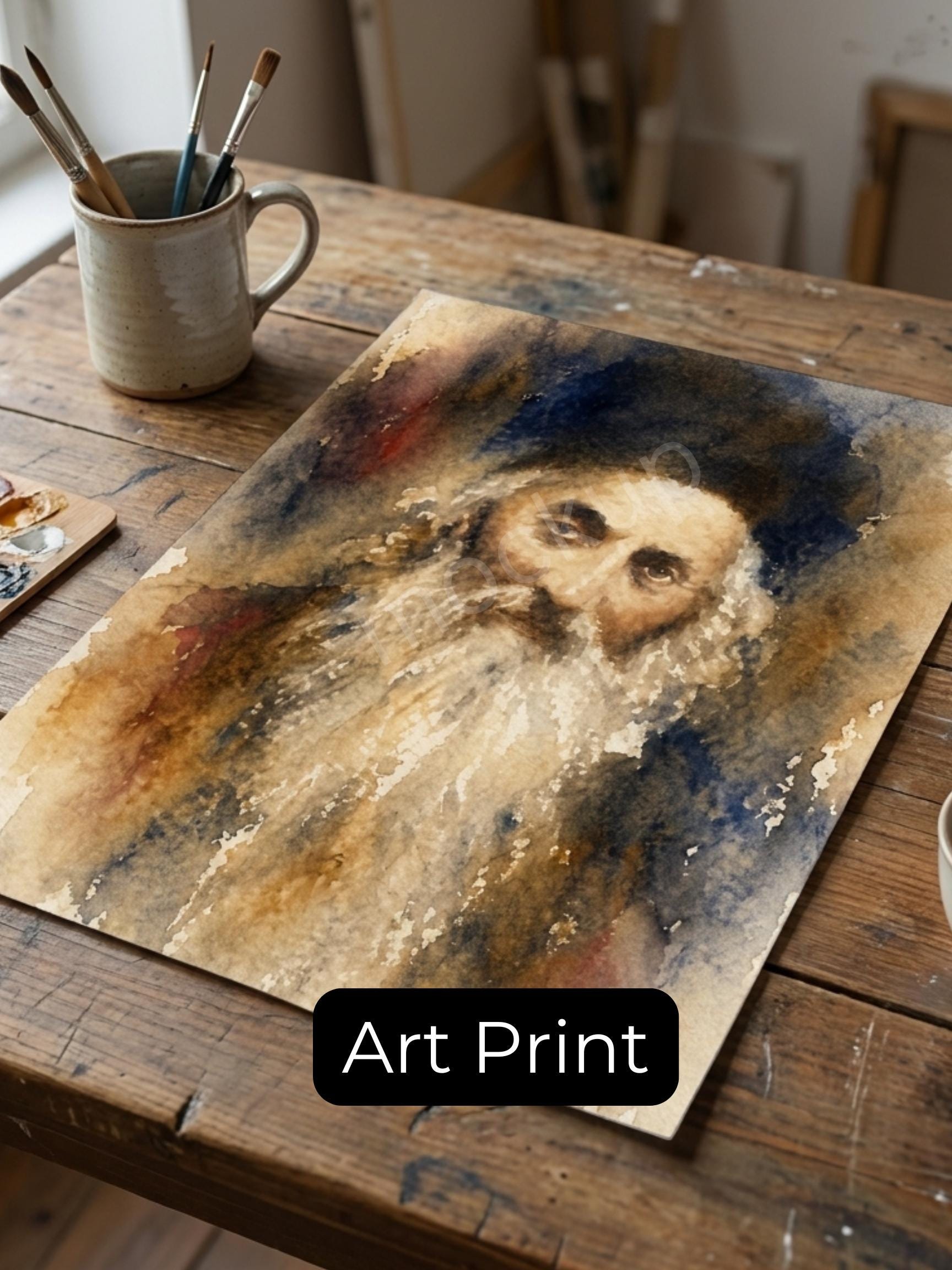 Baal Shem Tov Painting – Jewish Wall Art | Chassidic Rebbe Portrait | Spiritual Judaica Art
