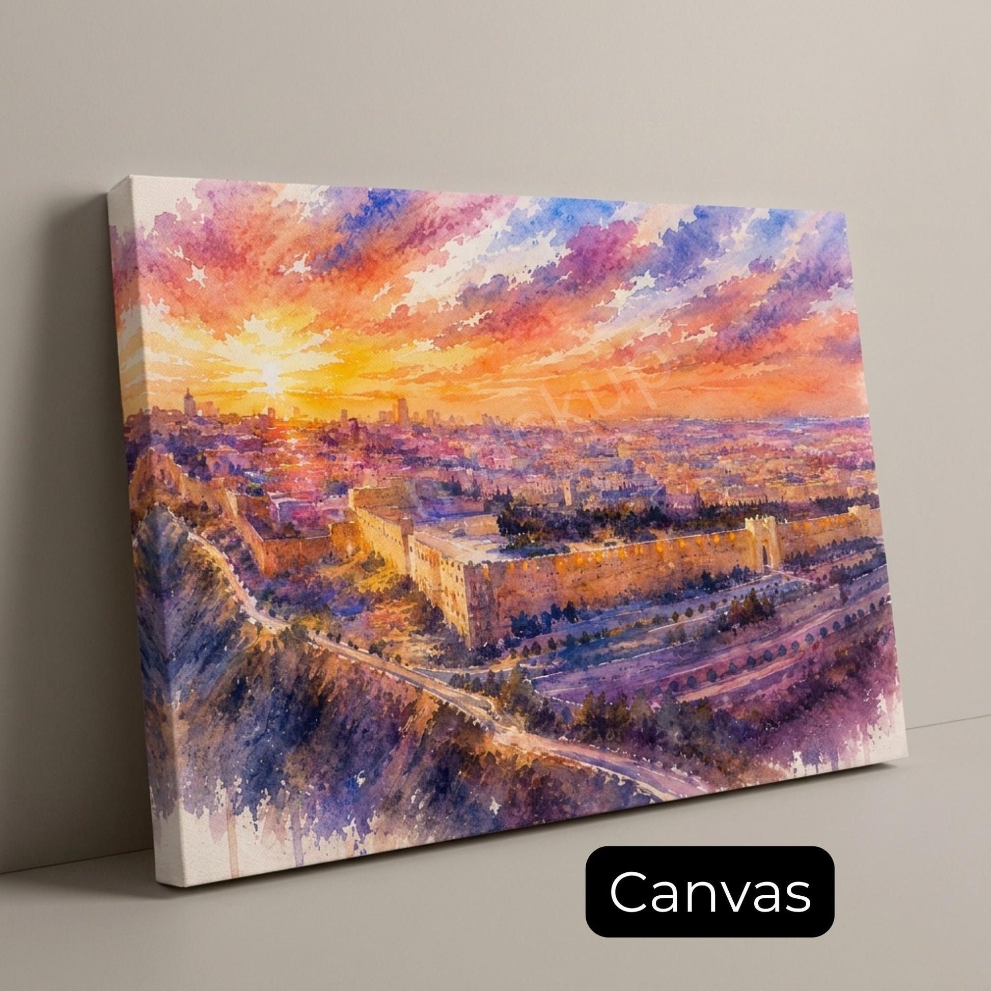 Pastel Jerusalem Old City Painting | Watercolor Jerusalem Wall Art | Israel Judaica Decor | Sunset Cityscape Artwork