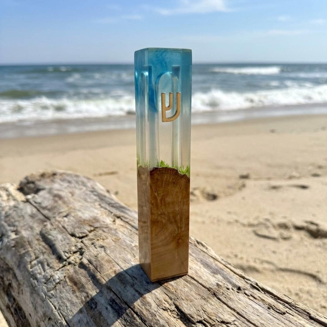 Ocean Resin Mezuzah, Olive Wood Mezuzah Case, Modern Judaica, Blue Resin Mezuzah, Jewish Housewarming Gift, Handmade Mezuzah