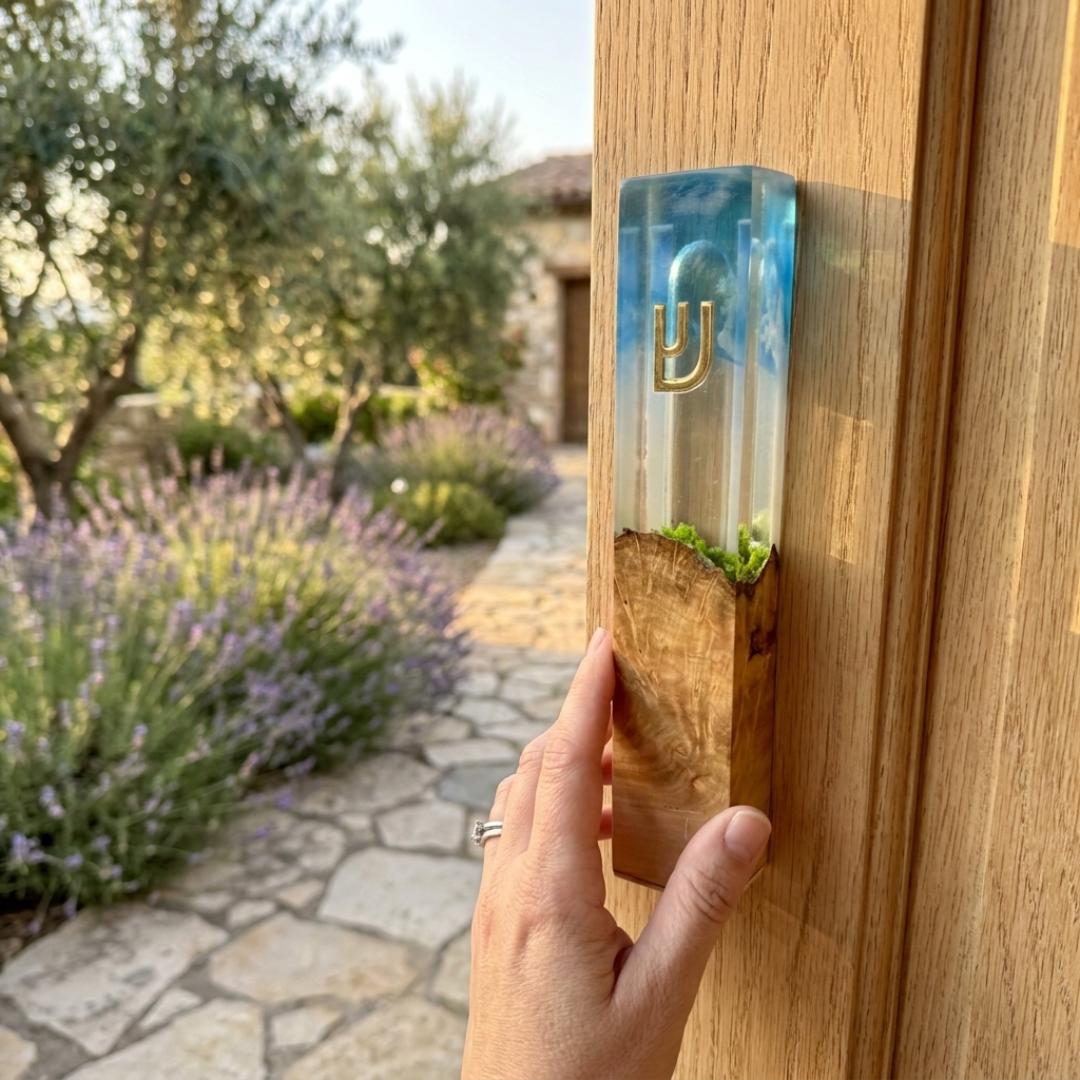 Ocean Resin Mezuzah, Olive Wood Mezuzah Case, Modern Judaica, Blue Resin Mezuzah, Jewish Housewarming Gift, Handmade Mezuzah