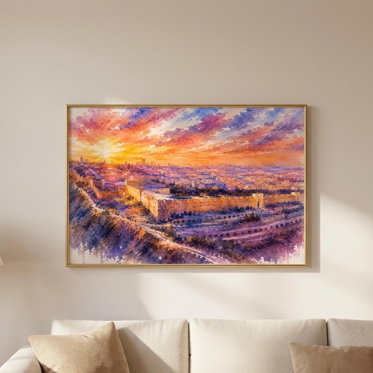 Pastel Jerusalem Old City Painting | Watercolor Jerusalem Wall Art | Israel Judaica Decor | Sunset Cityscape Artwork