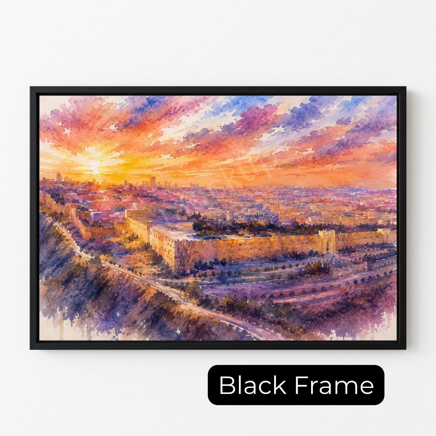 Pastel Jerusalem Old City Painting | Watercolor Jerusalem Wall Art | Israel Judaica Decor | Sunset Cityscape Artwork