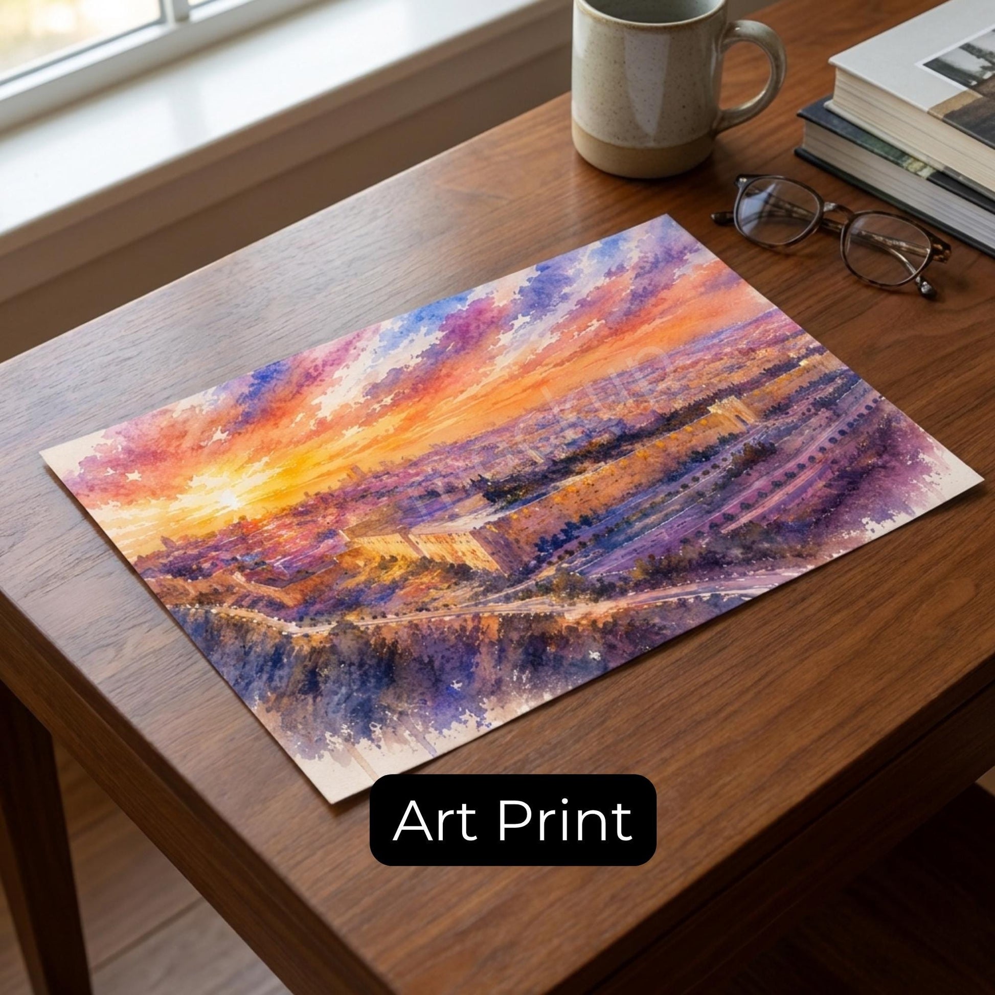Pastel Jerusalem Old City Painting | Watercolor Jerusalem Wall Art | Israel Judaica Decor | Sunset Cityscape Artwork