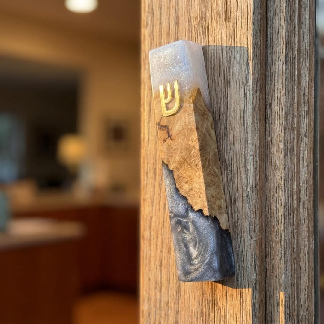 Olive Wood Mezuzah Case with white Resin | Modern Jewish Mezuzah | Handmade Judaica Gift | Black & White Mezuzah for Door