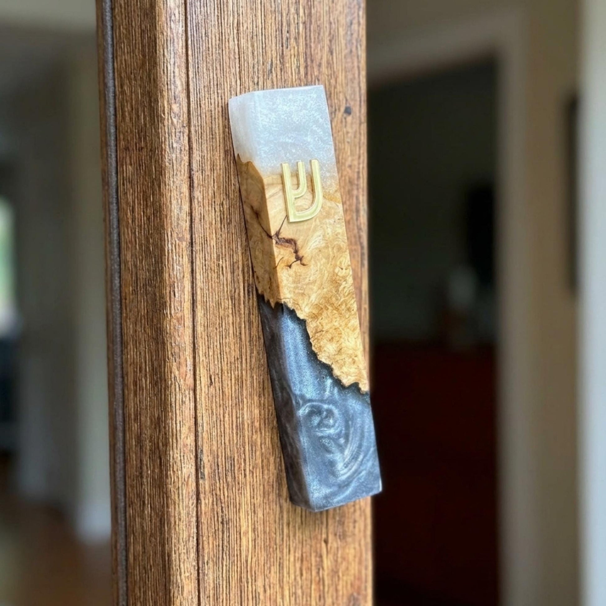Olive Wood Mezuzah Case with white Resin | Modern Jewish Mezuzah | Handmade Judaica Gift | Black & White Mezuzah for Door