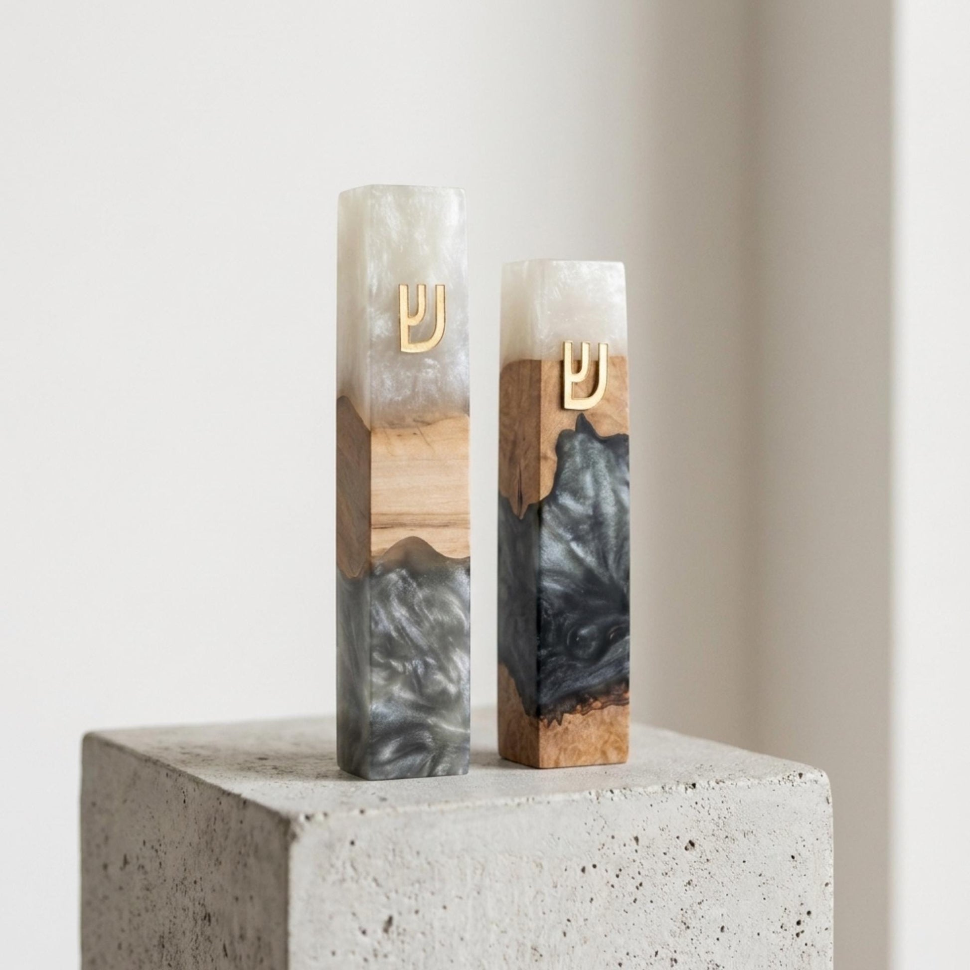 Olive Wood Mezuzah Case with white Resin | Modern Jewish Mezuzah | Handmade Judaica Gift | Black & White Mezuzah for Door