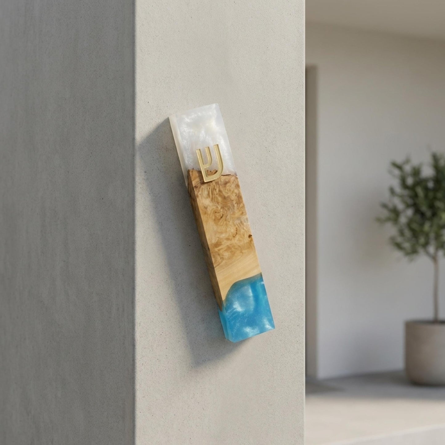 Blue and White Olive Wood Mezuzah Case | Modern Judaica Mezuzah | Handmade Jewish Home Decor | Resin Mezuzah for Front Door