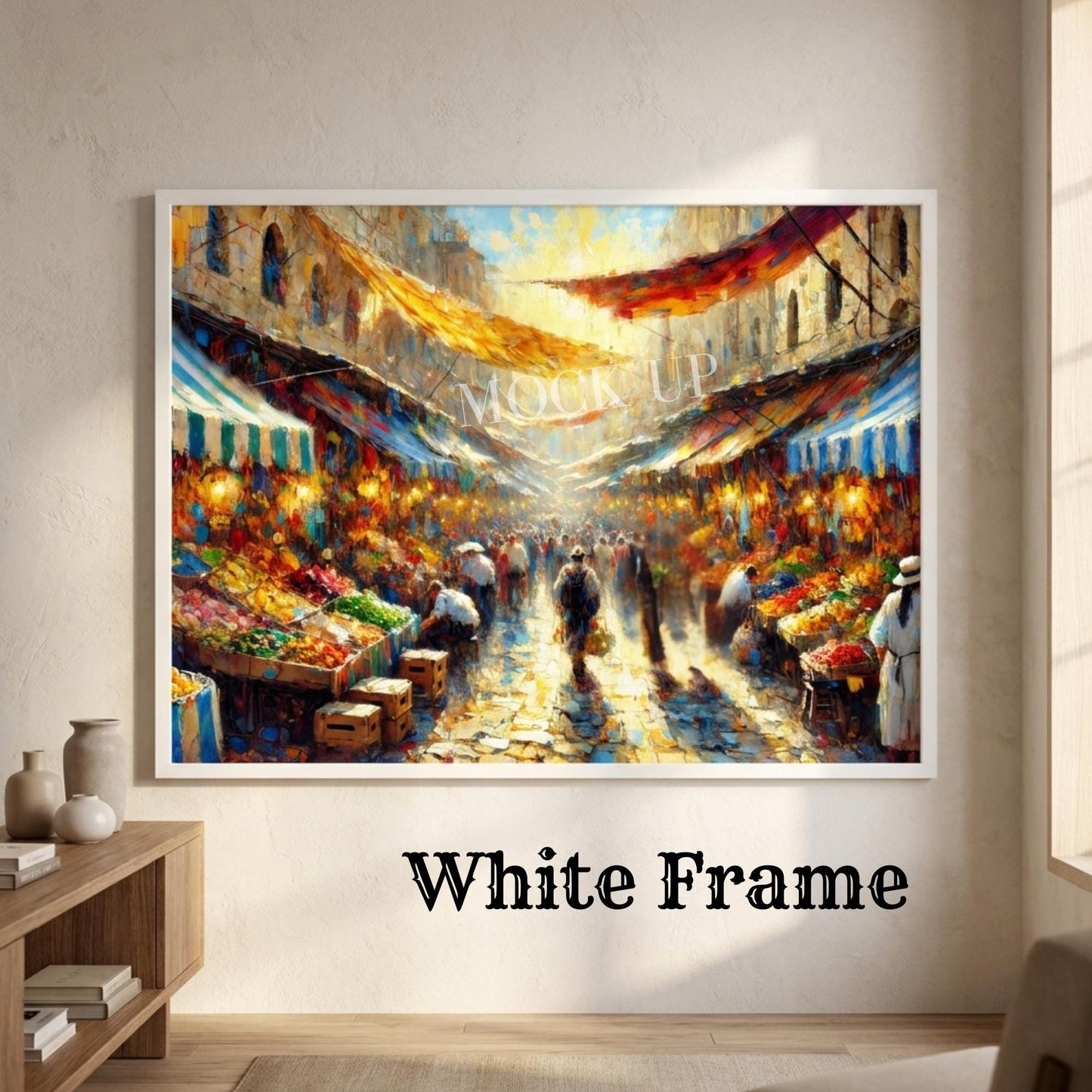 Jerusalem Shuk Wall Art Print | Colorful Israeli Market Painting | Jewish Home Decor | Judaica Wall Art | Framed Canvas Print