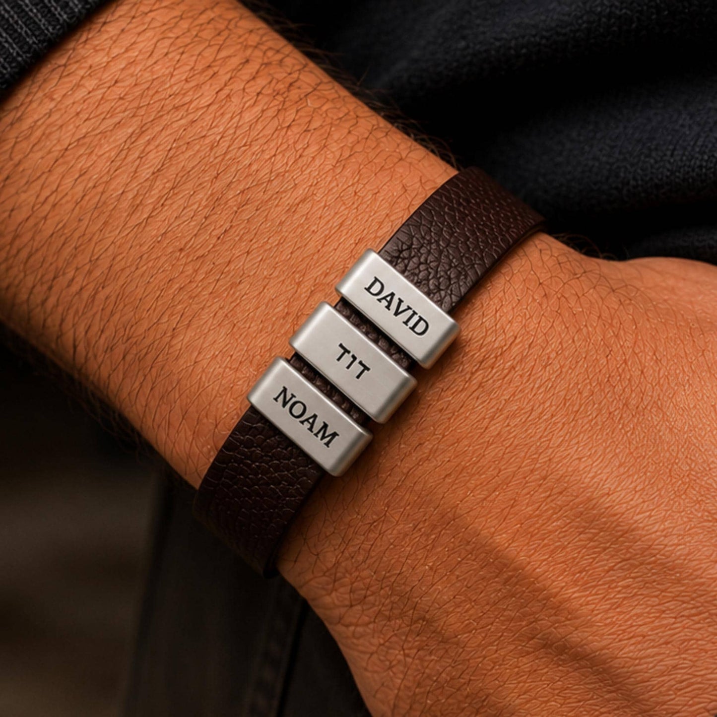 Personalized Hebrew Leather Bracelet for Dad, Custom Kids Names Bracelet, Jewish Father’s Day Gift, Hebrew Engraved Men’s Bracelet