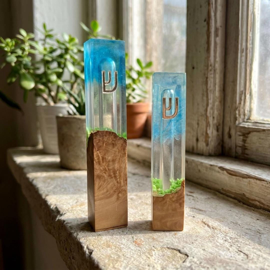 Ocean Resin Mezuzah, Olive Wood Mezuzah Case, Modern Judaica, Blue Resin Mezuzah, Jewish Housewarming Gift, Handmade Mezuzah