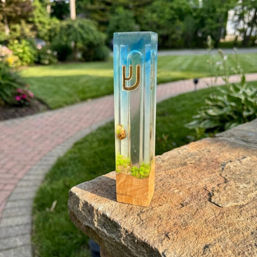 Ocean Resin Mezuzah, Olive Wood Mezuzah Case, Modern Judaica, Blue Resin Mezuzah, Jewish Housewarming Gift, Handmade Mezuzah