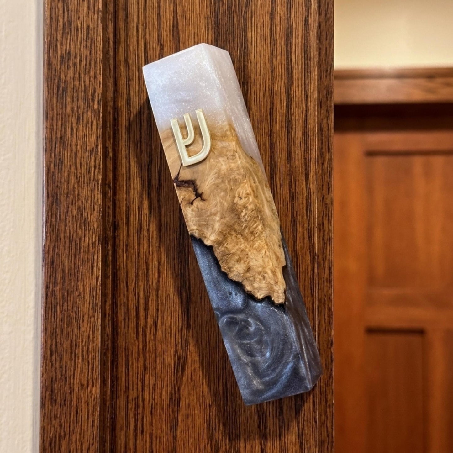 Olive Wood Mezuzah Case with white Resin | Modern Jewish Mezuzah | Handmade Judaica Gift | Black & White Mezuzah for Door