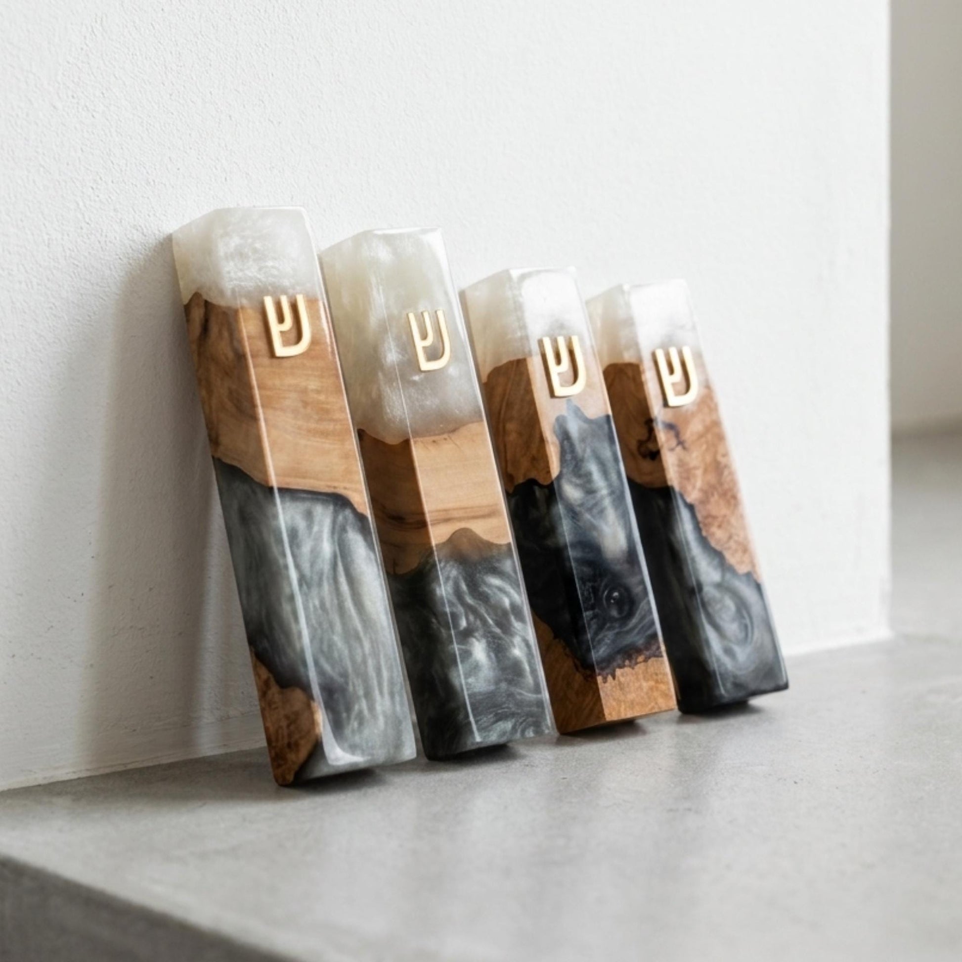Olive Wood Mezuzah Case with white Resin | Modern Jewish Mezuzah | Handmade Judaica Gift | Black & White Mezuzah for Door