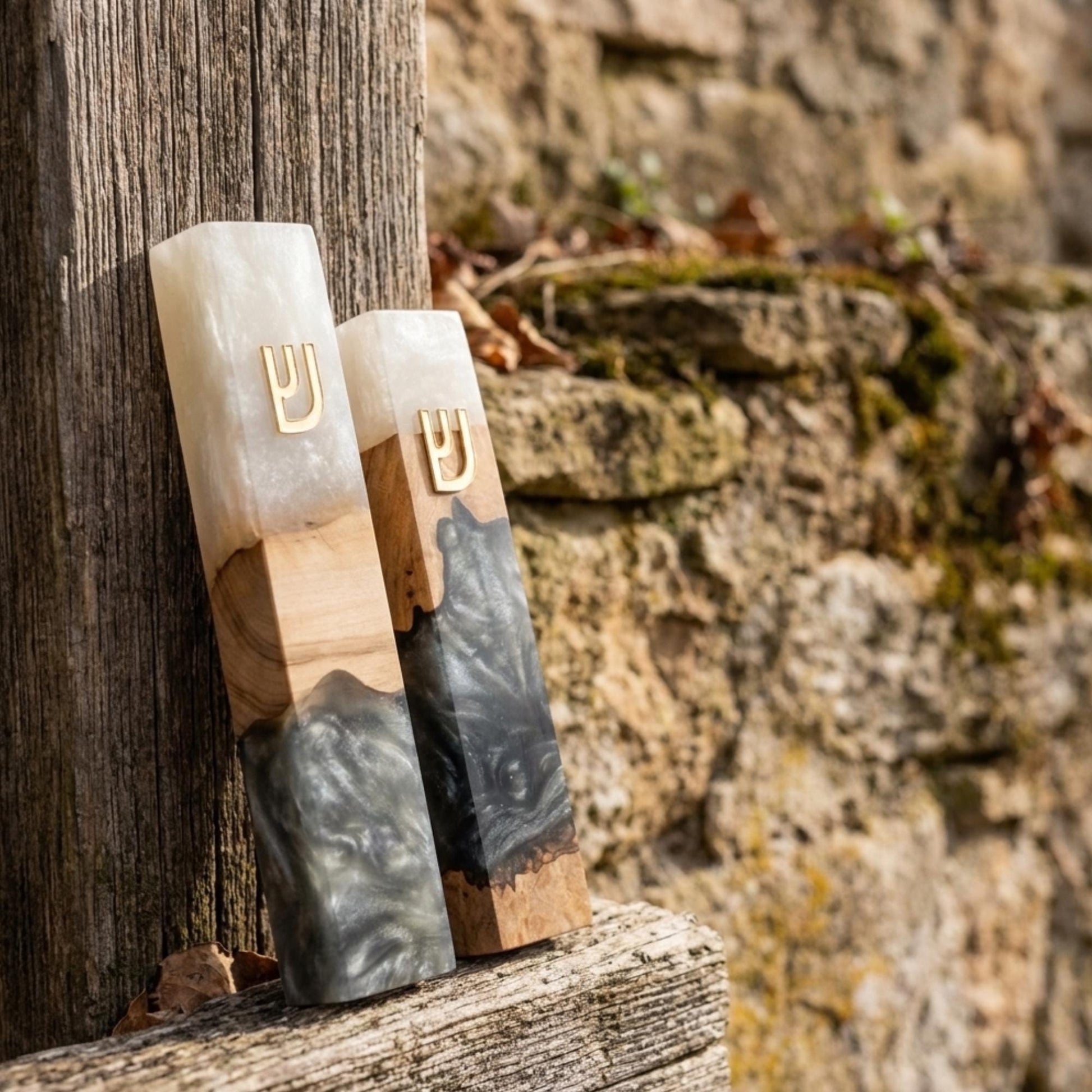 Olive Wood Mezuzah Case with white Resin | Modern Jewish Mezuzah | Handmade Judaica Gift | Black & White Mezuzah for Door