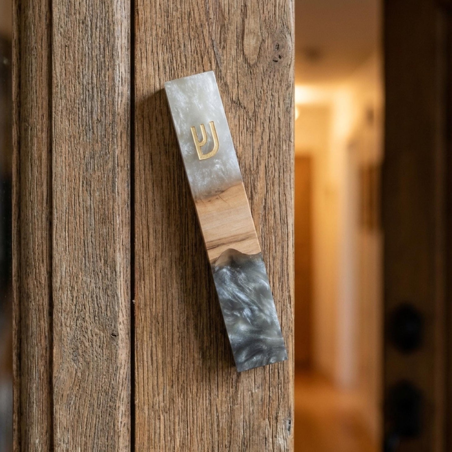 Olive Wood Mezuzah Case with white Resin | Modern Jewish Mezuzah | Handmade Judaica Gift | Black & White Mezuzah for Door