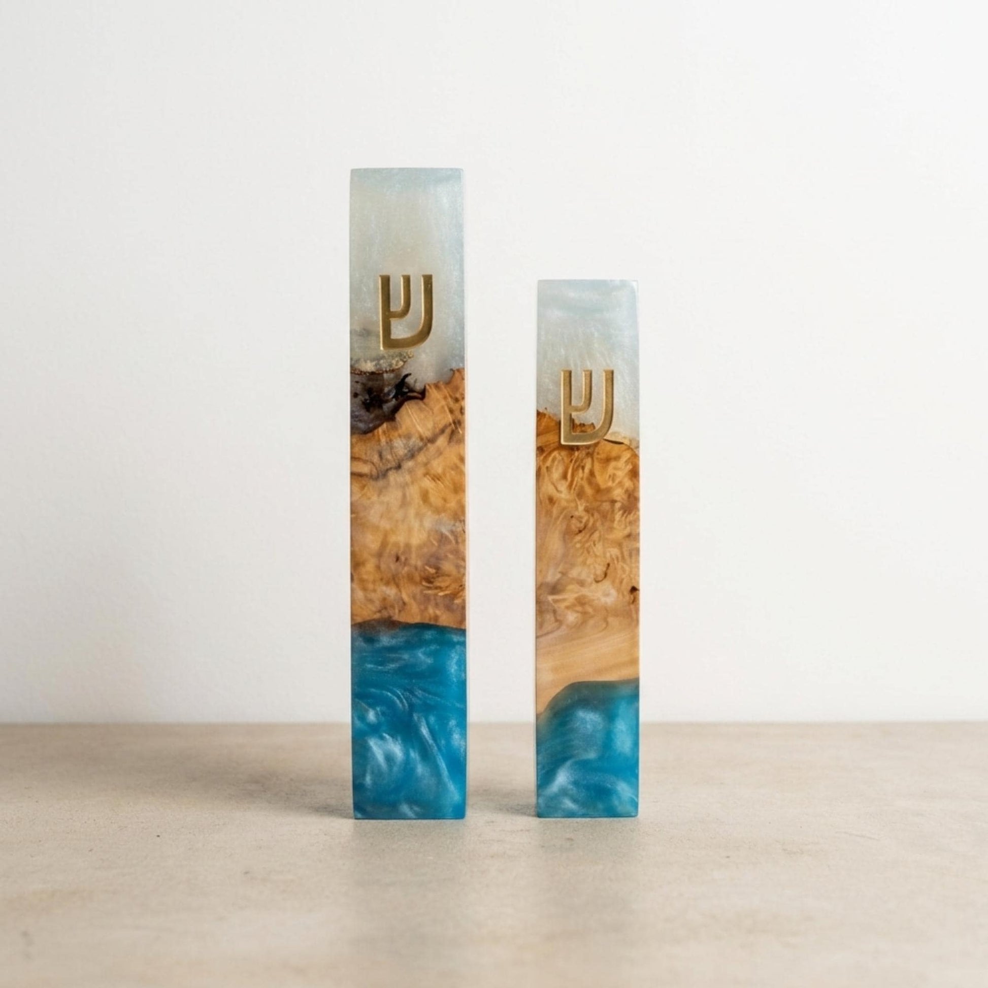 Blue and White Olive Wood Mezuzah Case | Modern Judaica Mezuzah | Handmade Jewish Home Decor | Resin Mezuzah for Front Door