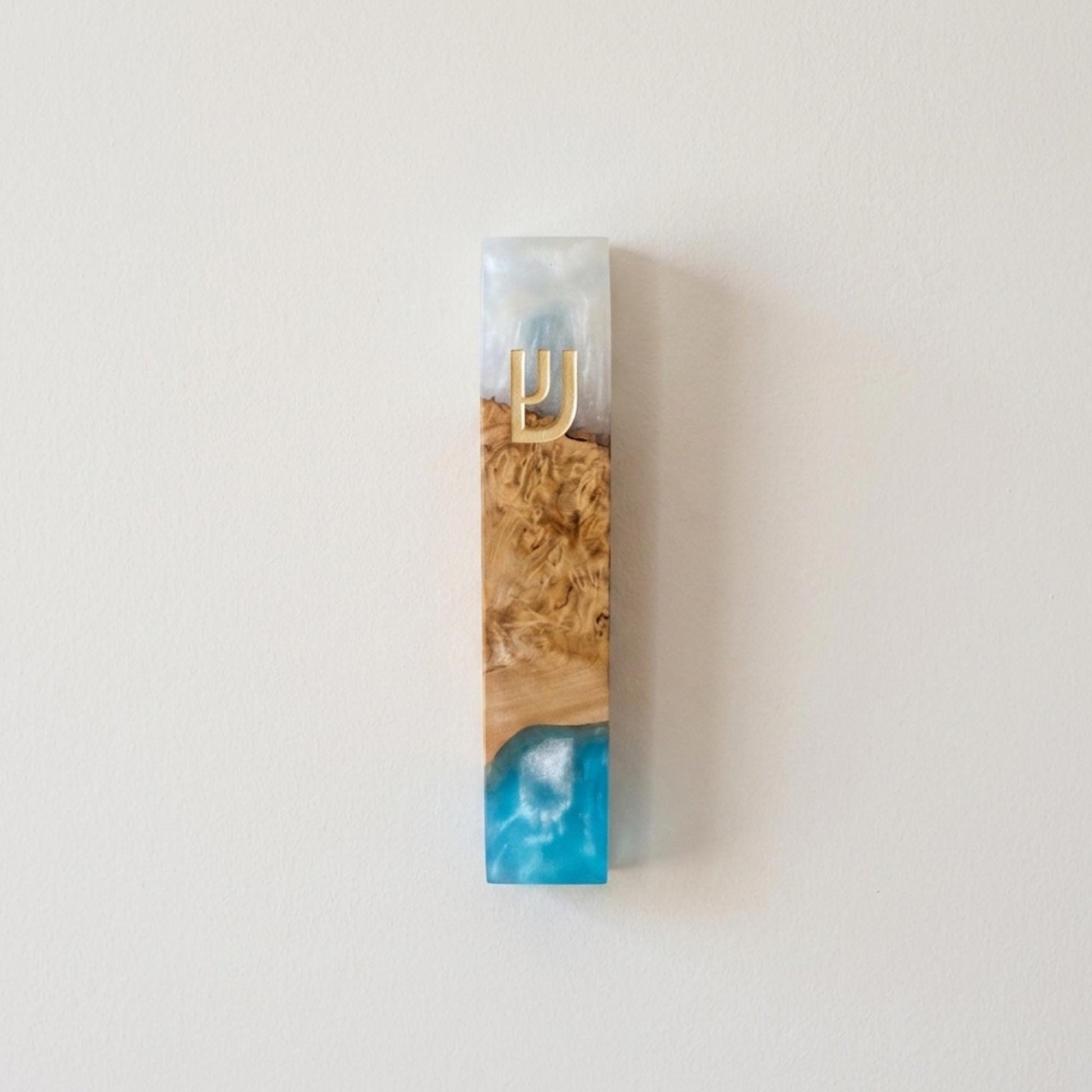 Blue and White Olive Wood Mezuzah Case | Modern Judaica Mezuzah | Handmade Jewish Home Decor | Resin Mezuzah for Front Door