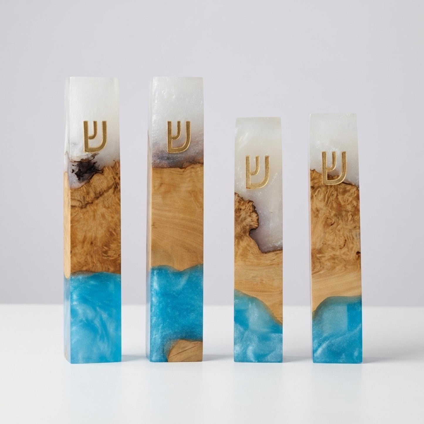 Blue and White Olive Wood Mezuzah Case | Modern Judaica Mezuzah | Handmade Jewish Home Decor | Resin Mezuzah for Front Door