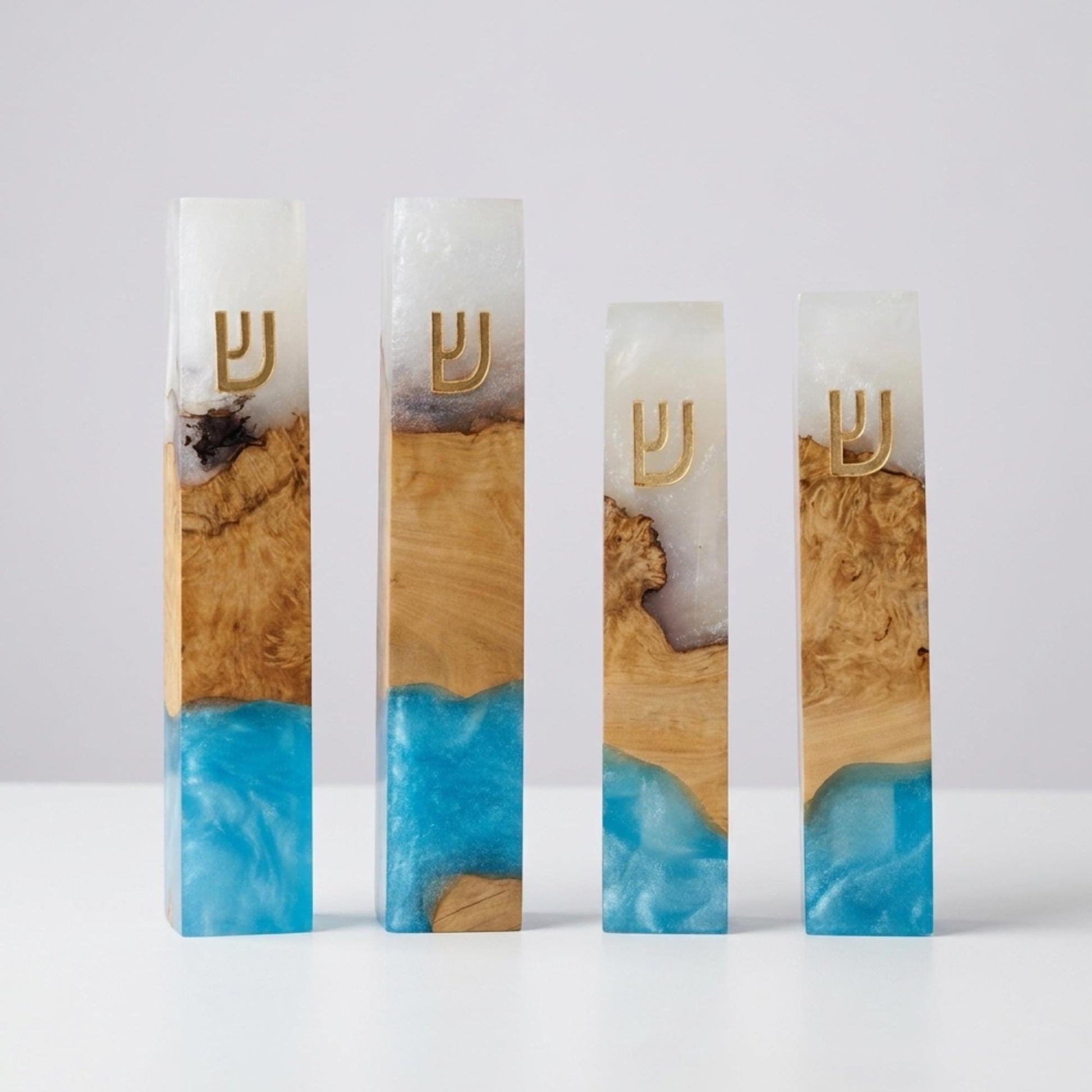 Blue and White Olive Wood Mezuzah Case | Modern Judaica Mezuzah | Handmade Jewish Home Decor | Resin Mezuzah for Front Door