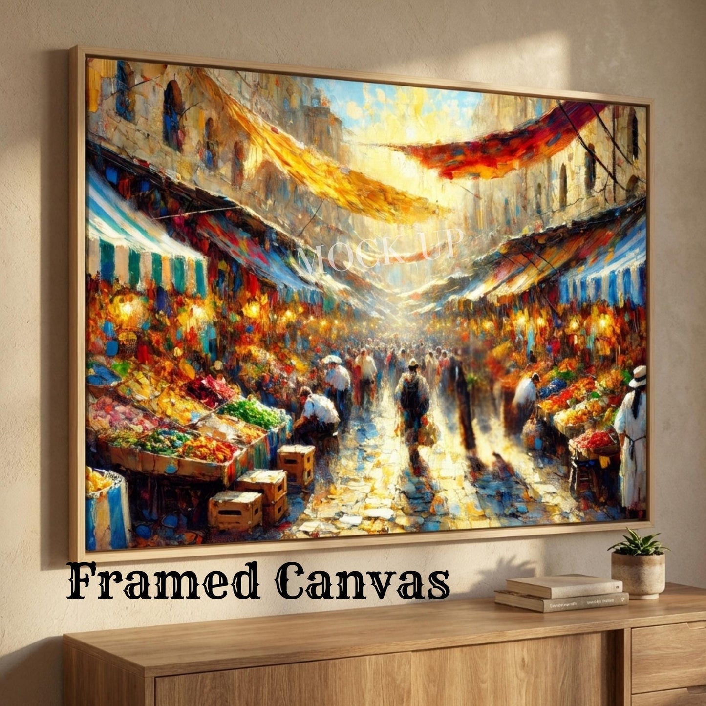 Jerusalem Shuk Wall Art Print | Colorful Israeli Market Painting | Jewish Home Decor | Judaica Wall Art | Framed Canvas Print