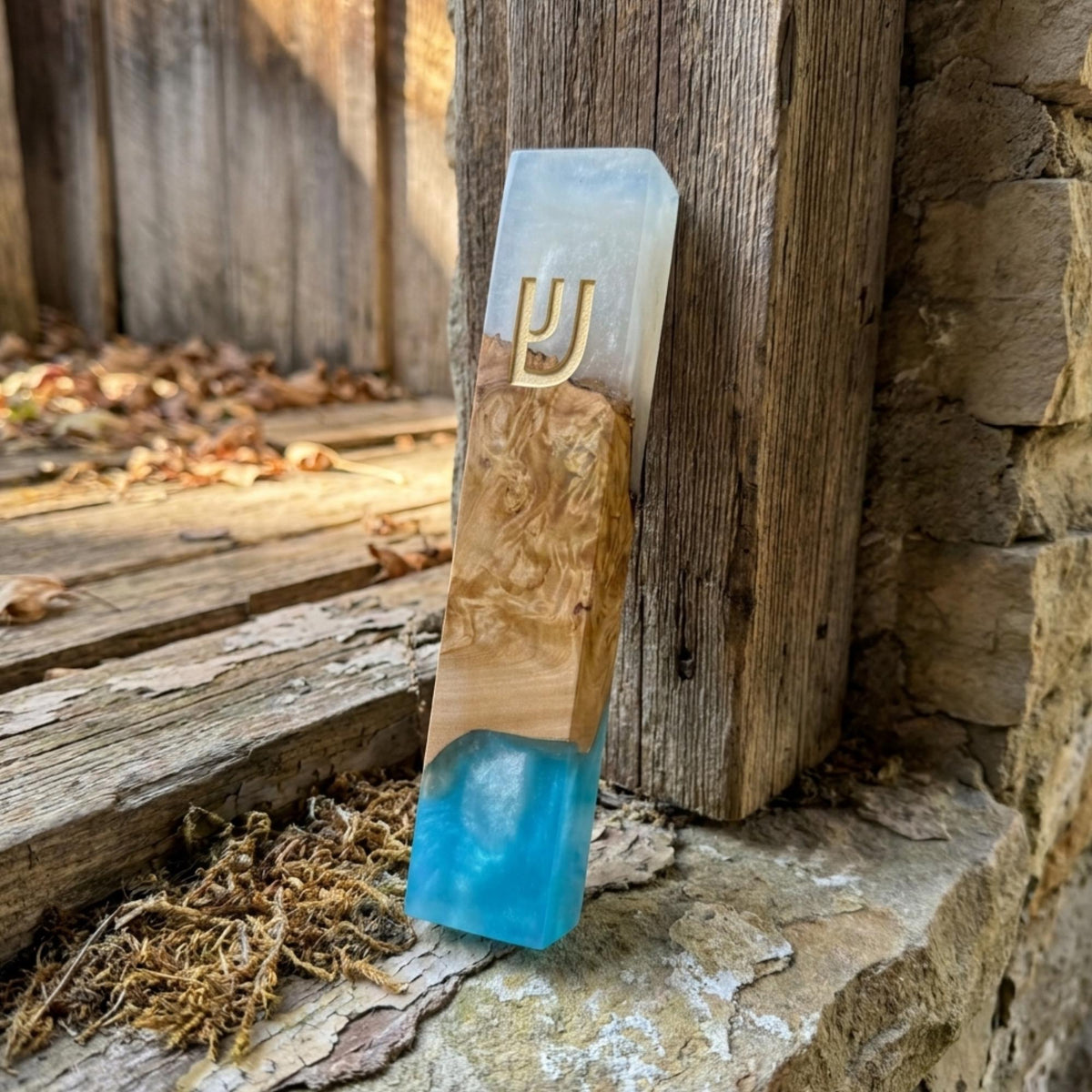 Blue and White Olive Wood Mezuzah Case | Modern Judaica Mezuzah | Handmade Jewish Home Decor | Resin Mezuzah for Front Door