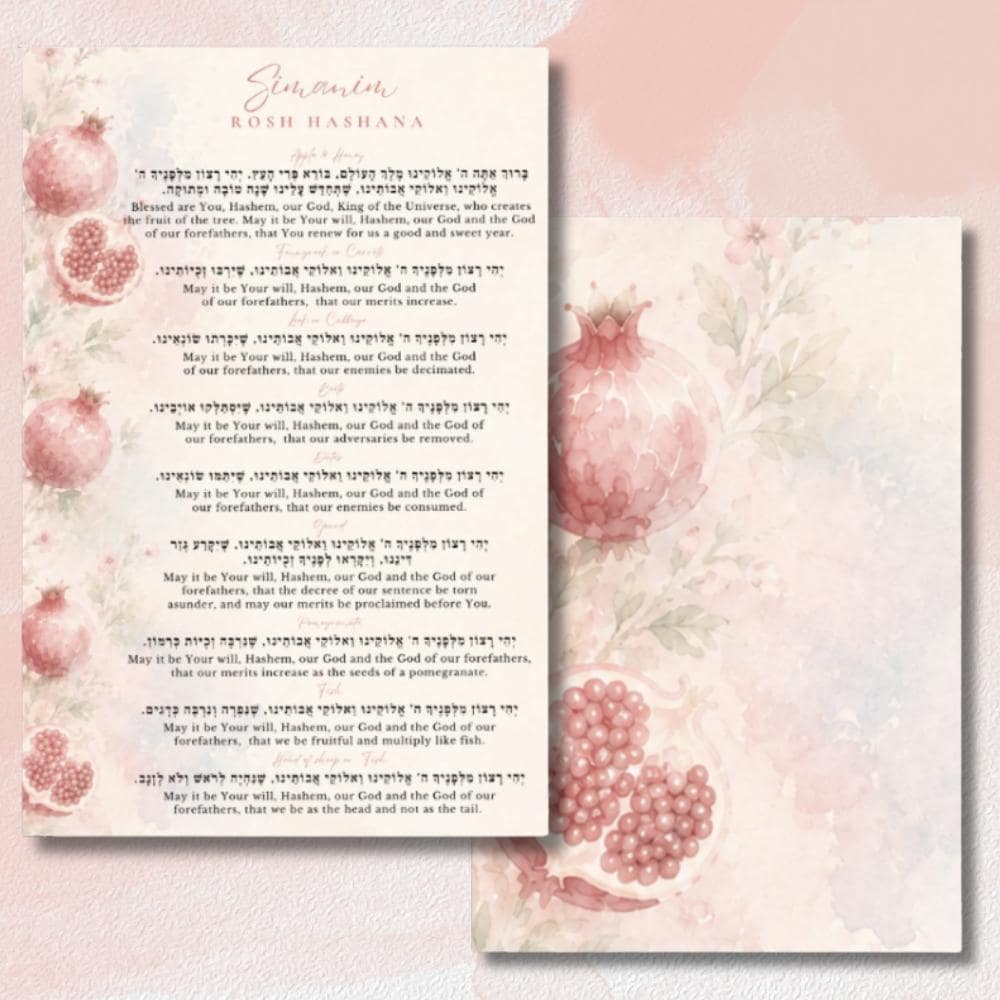 Pomegranate watecolor Ashkenazi Rosh Hashanah Simanim Card, Laminated 6x9 Jewish New Year Blessings
